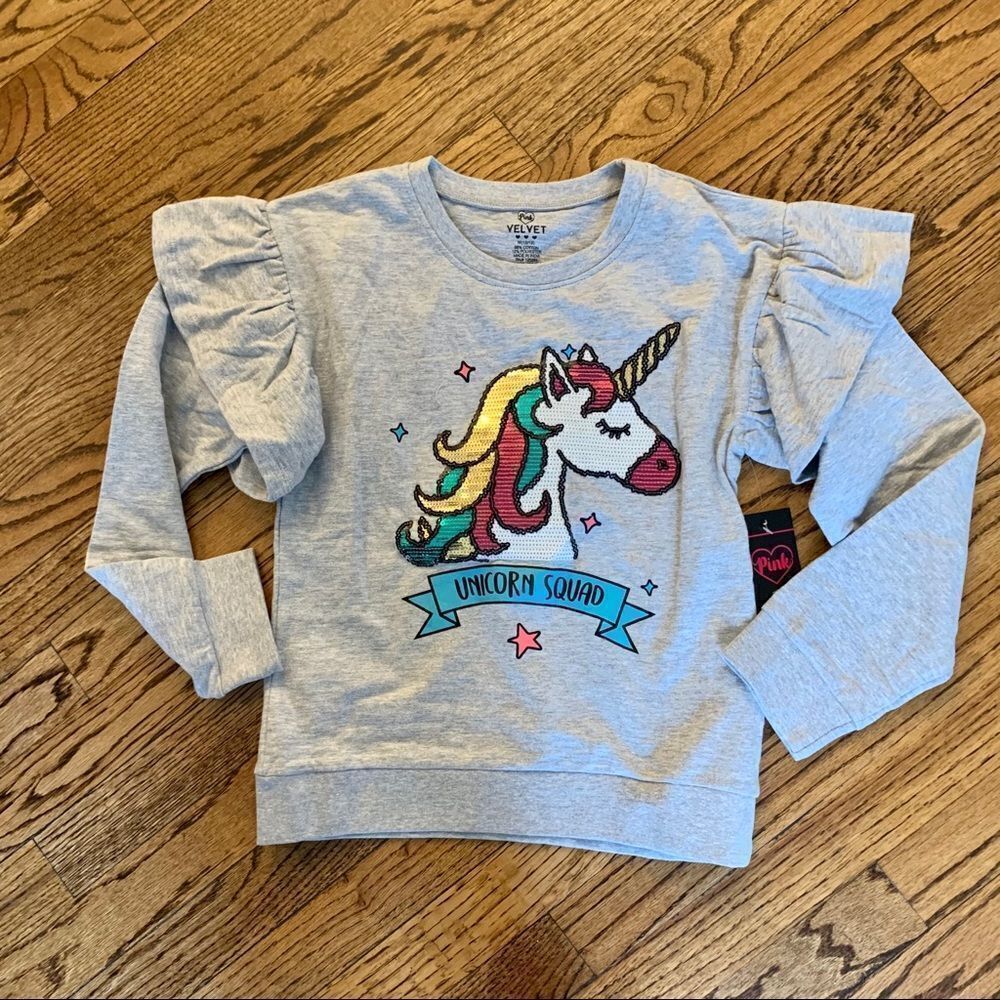 New PINK VELVET Unicorn Sequin Sweatshirt M 10 12